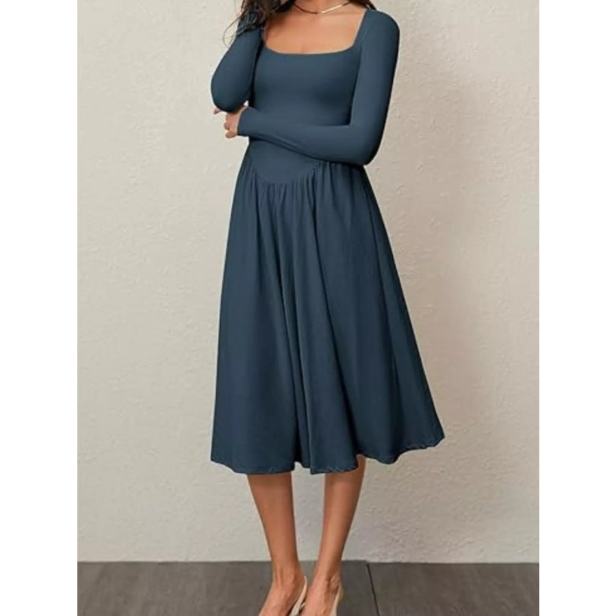 Square Neck Long Sleeve Midi Dress Apparel and Accessories