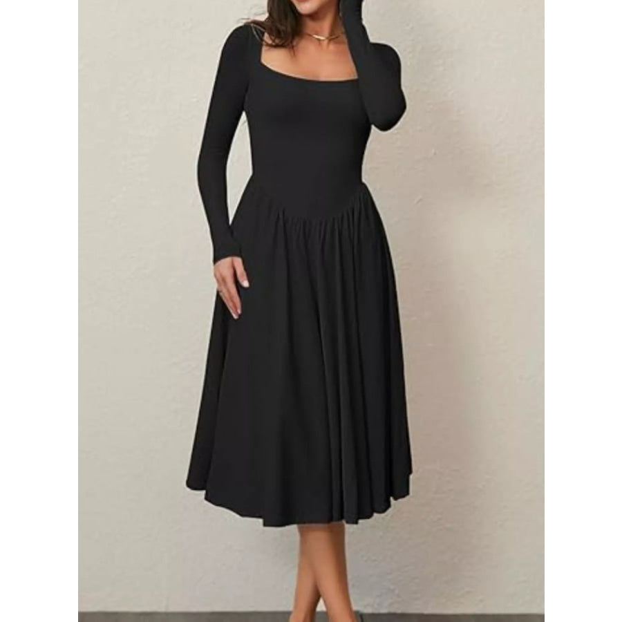 Square Neck Long Sleeve Midi Dress Apparel and Accessories