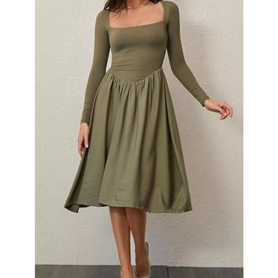 Square Neck Long Sleeve Midi Dress Army Green / S Apparel and Accessories