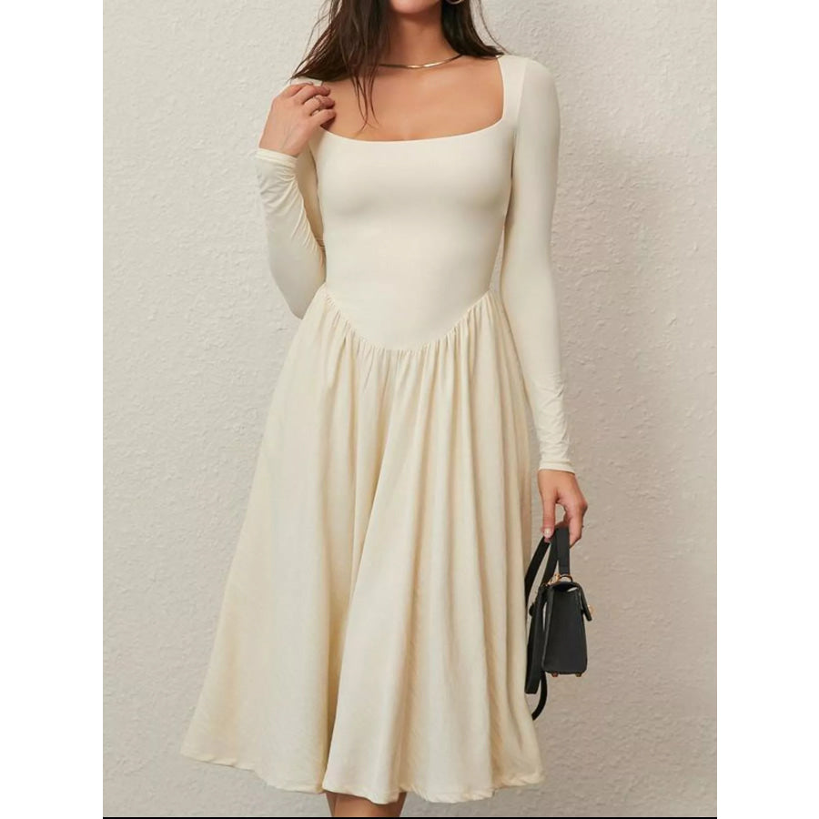 Square Neck Long Sleeve Midi Dress Beige / S Apparel and Accessories
