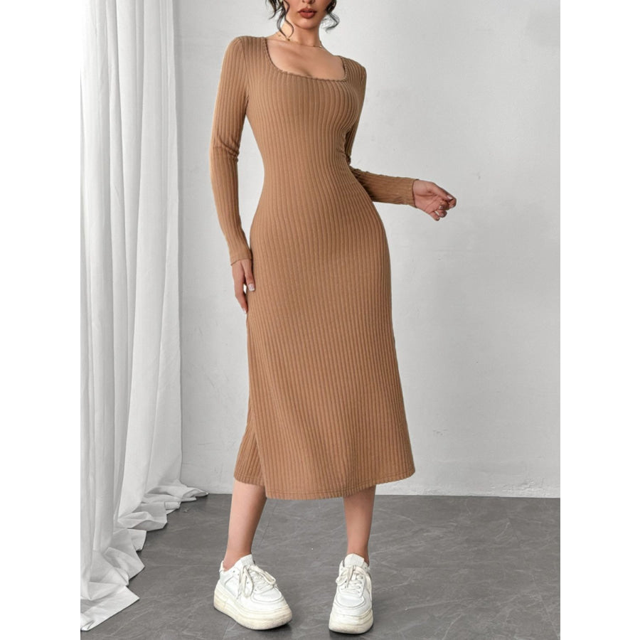 Square Neck Long Sleeve Midi Wrap Dress Apparel and Accessories