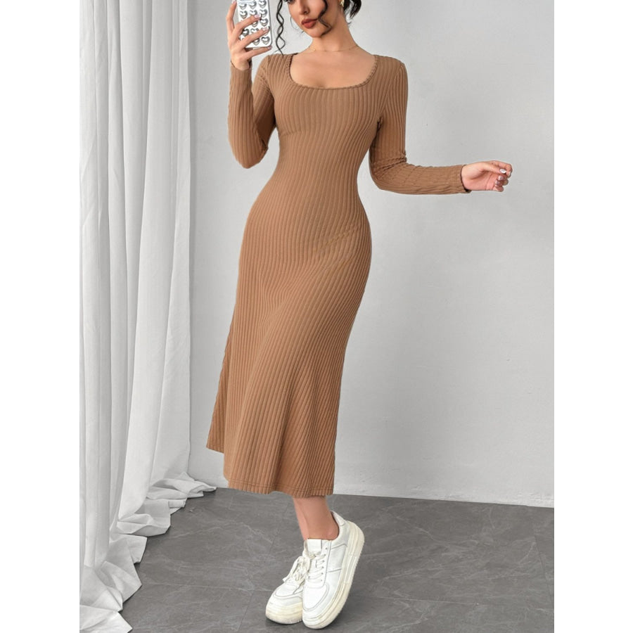 Square Neck Long Sleeve Midi Wrap Dress Apparel and Accessories