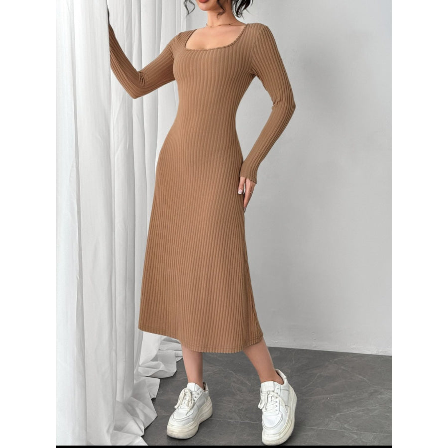 Square Neck Long Sleeve Midi Wrap Dress Apparel and Accessories