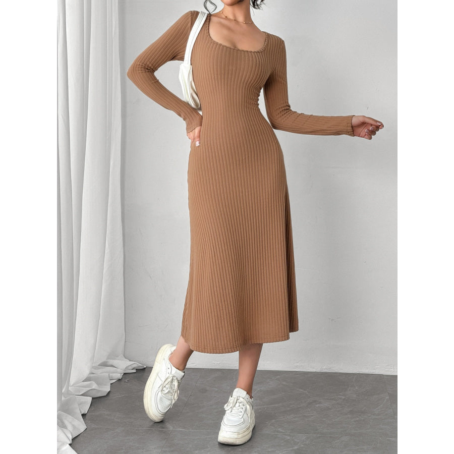 Square Neck Long Sleeve Midi Wrap Dress Apparel and Accessories