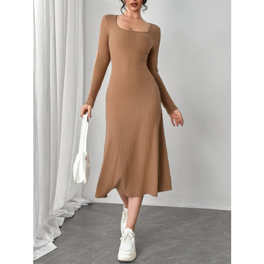 Square Neck Long Sleeve Midi Wrap Dress Camel / S Apparel and Accessories