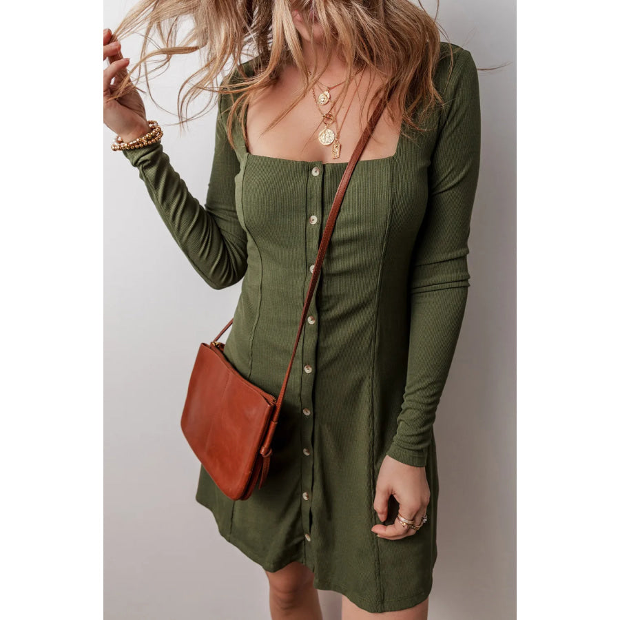 Square Neck Long Sleeve Mini Dress Army Green / S Apparel and Accessories