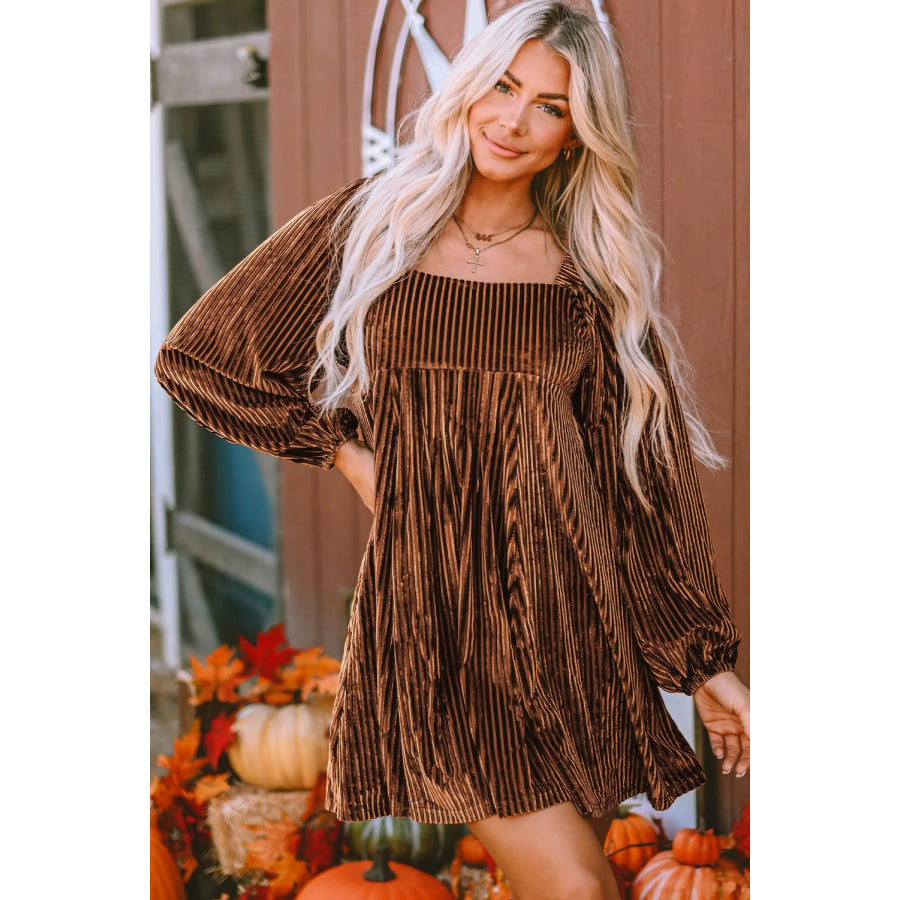 Square Neck Long Sleeve Mini Dress Chestnut / S Apparel and Accessories