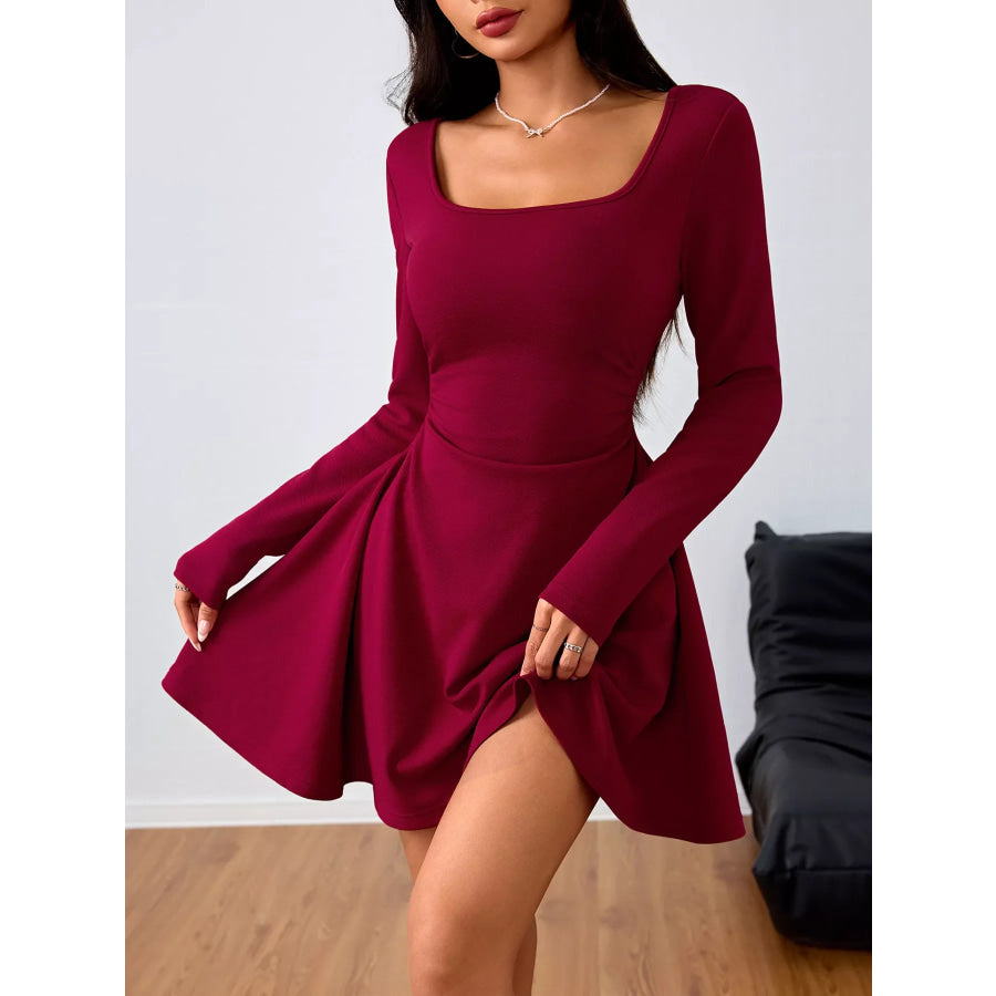 Square Neck Long Sleeve Ruched Waist Mini Dress Apparel and Accessories