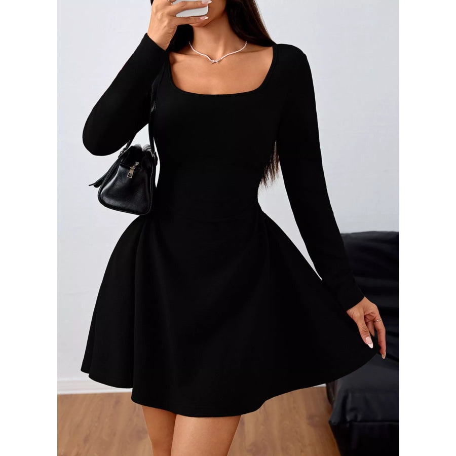 Square Neck Long Sleeve Ruched Waist Mini Dress Apparel and Accessories