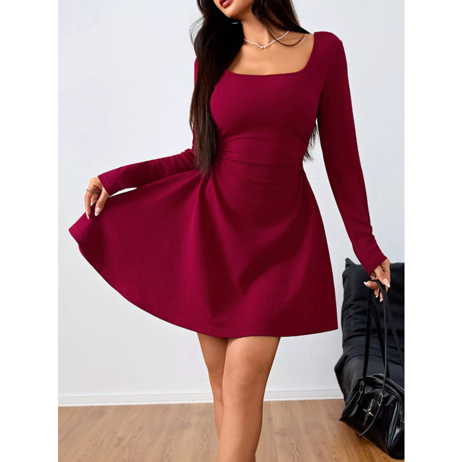 Square Neck Long Sleeve Ruched Waist Mini Dress Apparel and Accessories