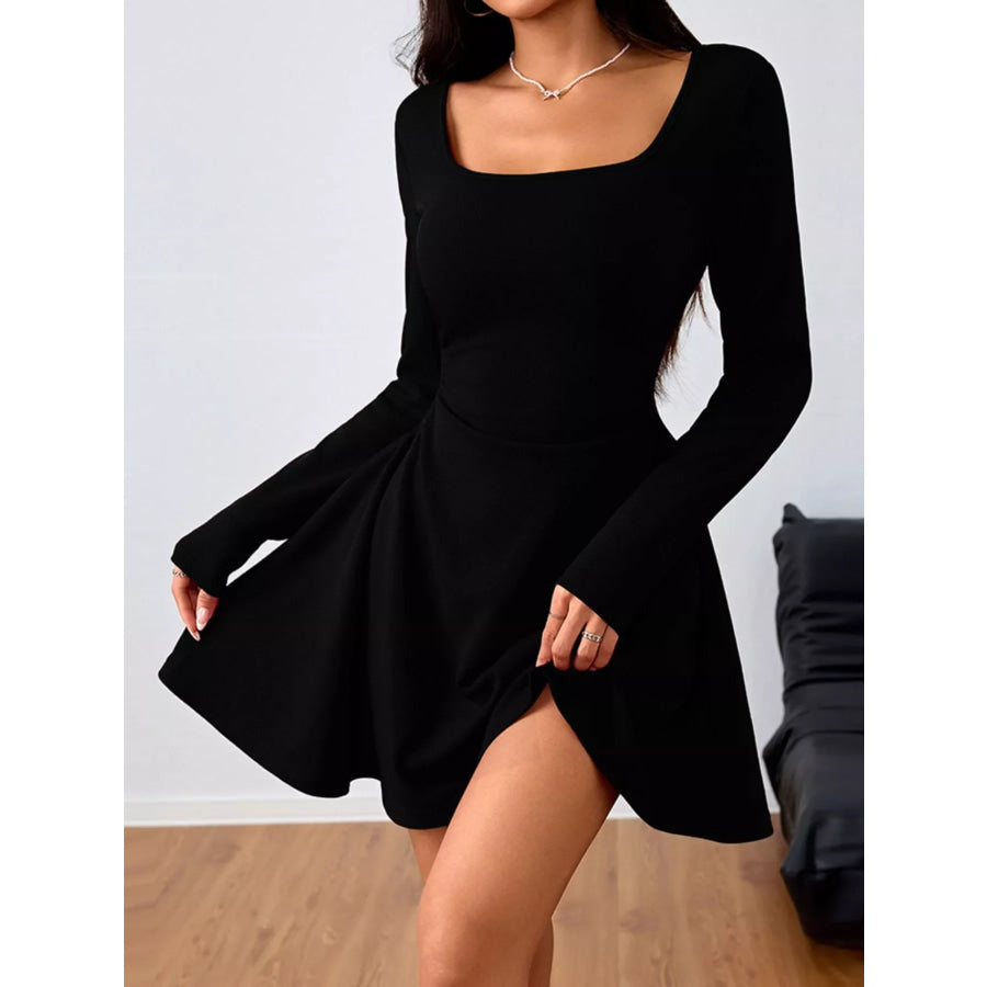Square Neck Long Sleeve Ruched Waist Mini Dress Black / S Apparel and Accessories