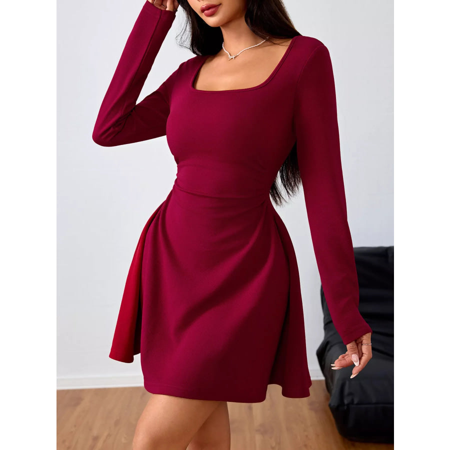 Square Neck Long Sleeve Ruched Waist Mini Dress Wine Red / S Apparel and Accessories