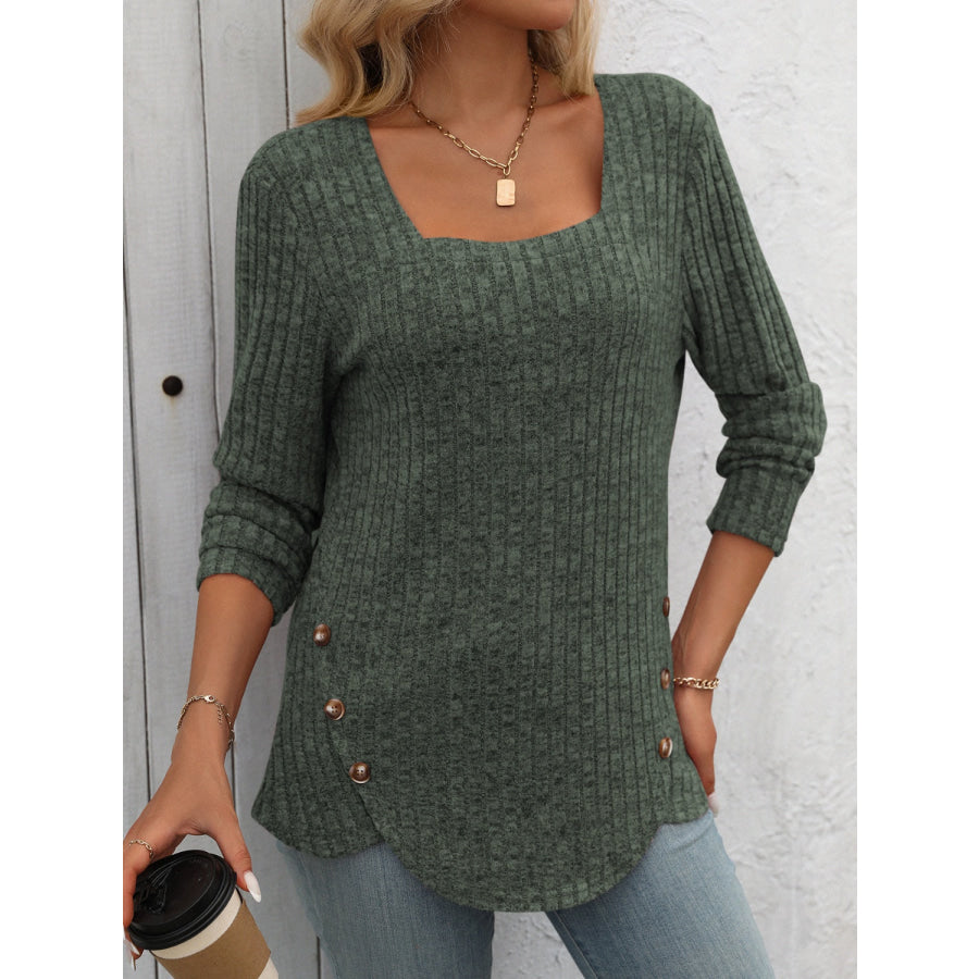 Square Neck Long Sleeve T-Shirt Army Green / S Apparel and Accessories