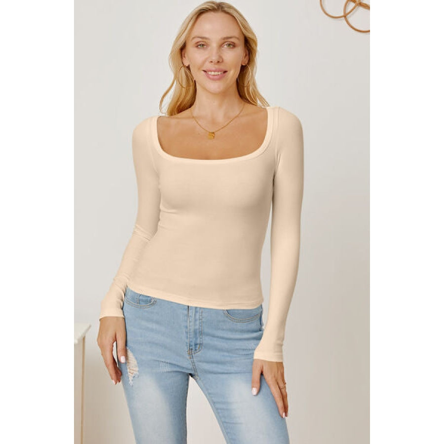 Square Neck Long Sleeve T-Shirt Beige / S Clothing