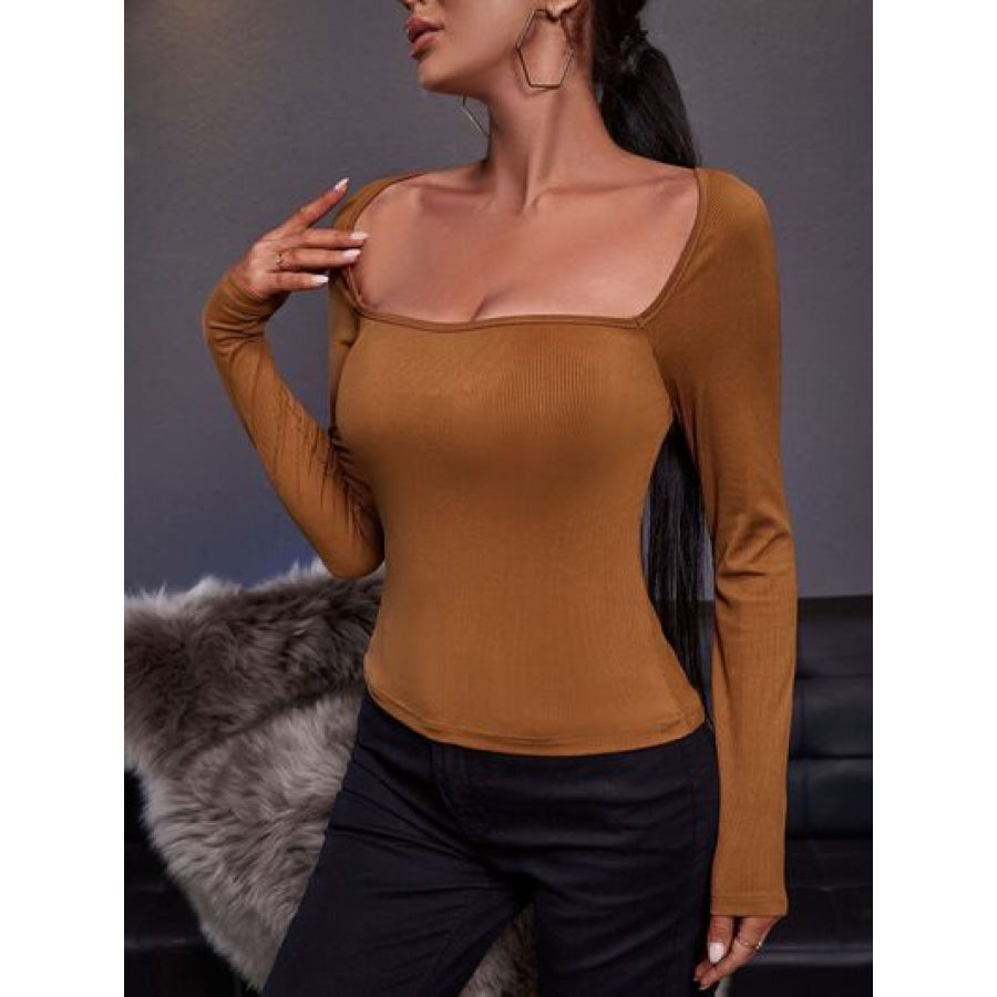 Square Neck Long Sleeve T - Shirt Caramel / S Apparel and Accessories