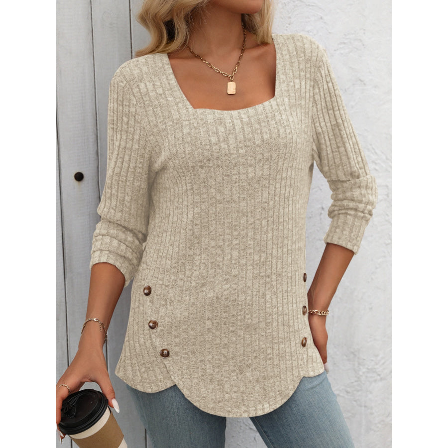 Square Neck Long Sleeve T-Shirt Cream / S Apparel and Accessories