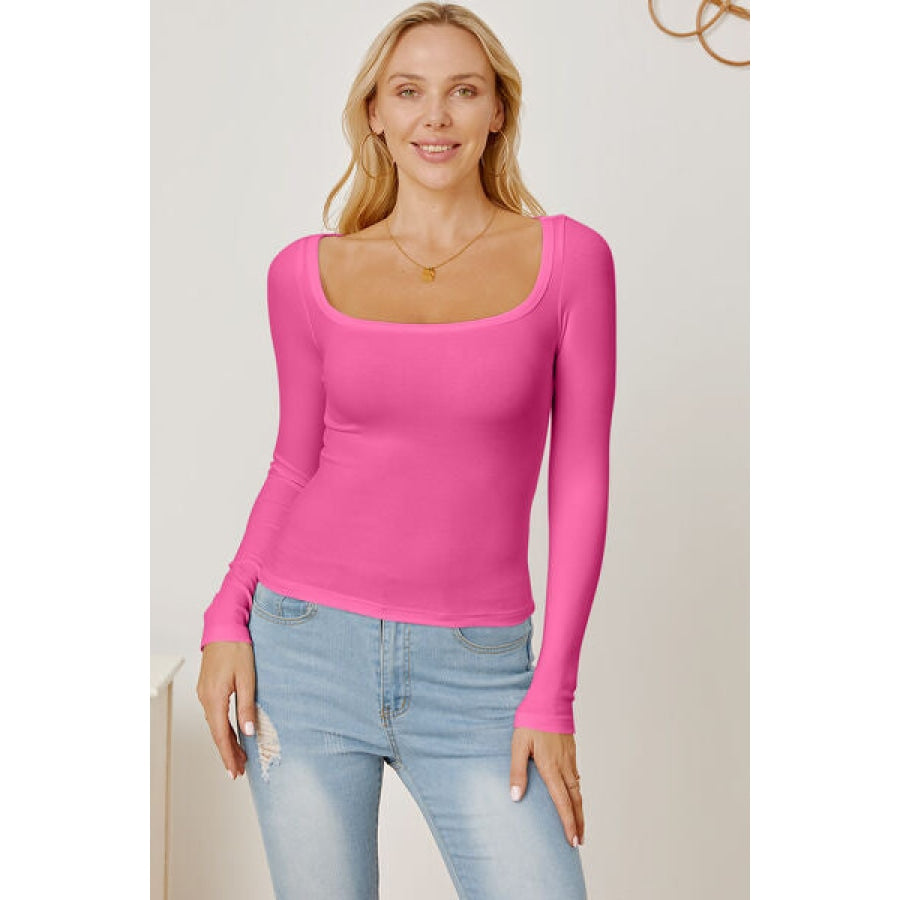 Square Neck Long Sleeve T-Shirt Fuchsia Pink / S Clothing