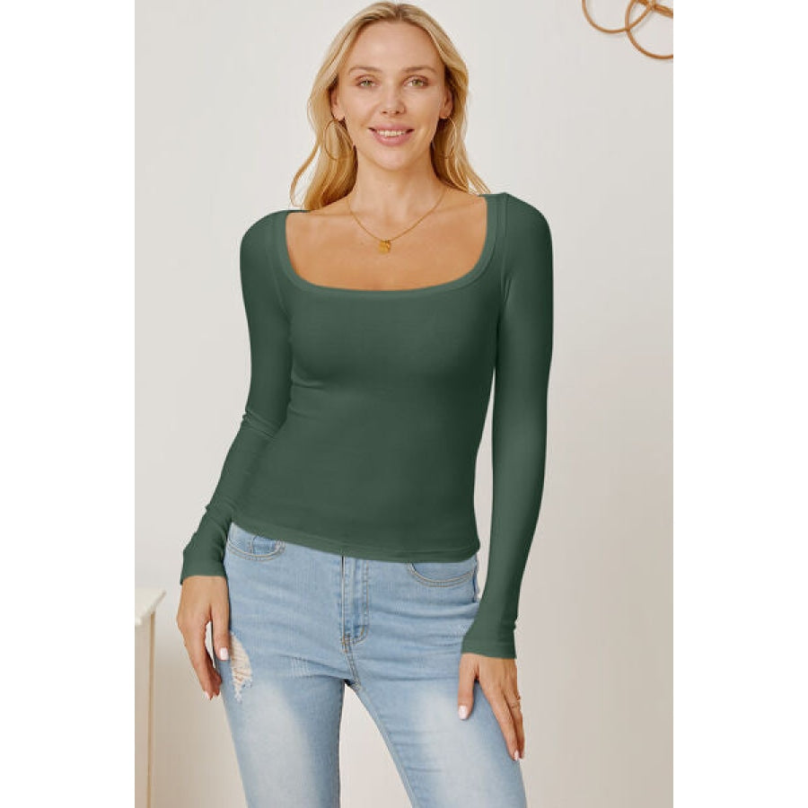 Square Neck Long Sleeve T-Shirt Green / S Clothing