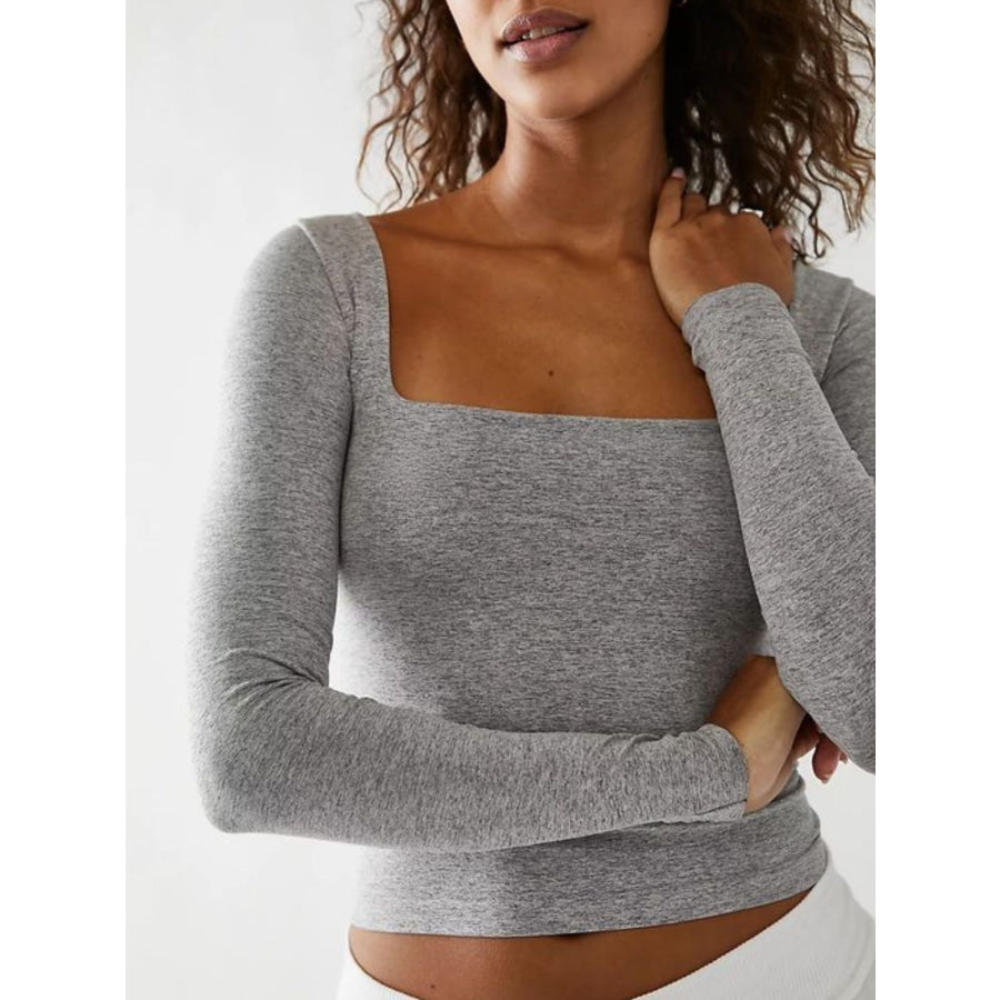 Square Neck Long Sleeve T-Shirt Light Gray / S Apparel and Accessories