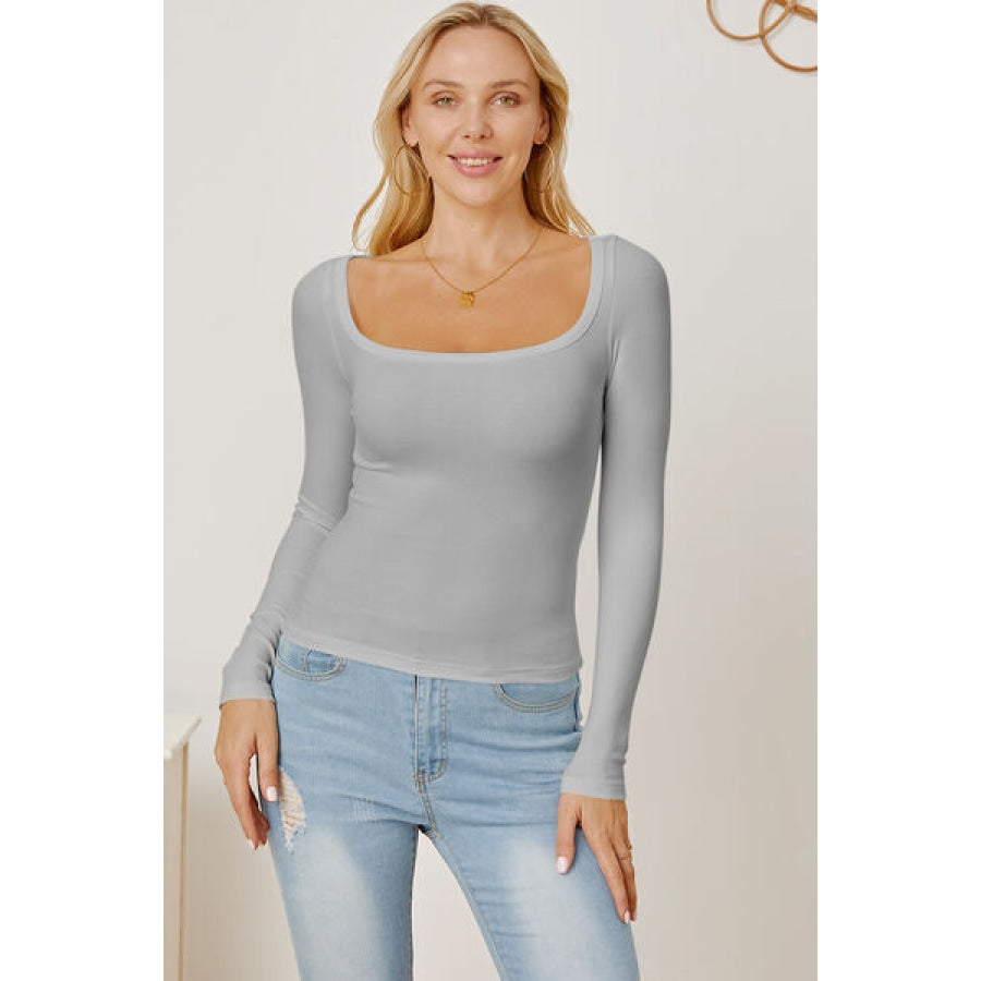 Square Neck Long Sleeve T-Shirt Light Gray / S Clothing