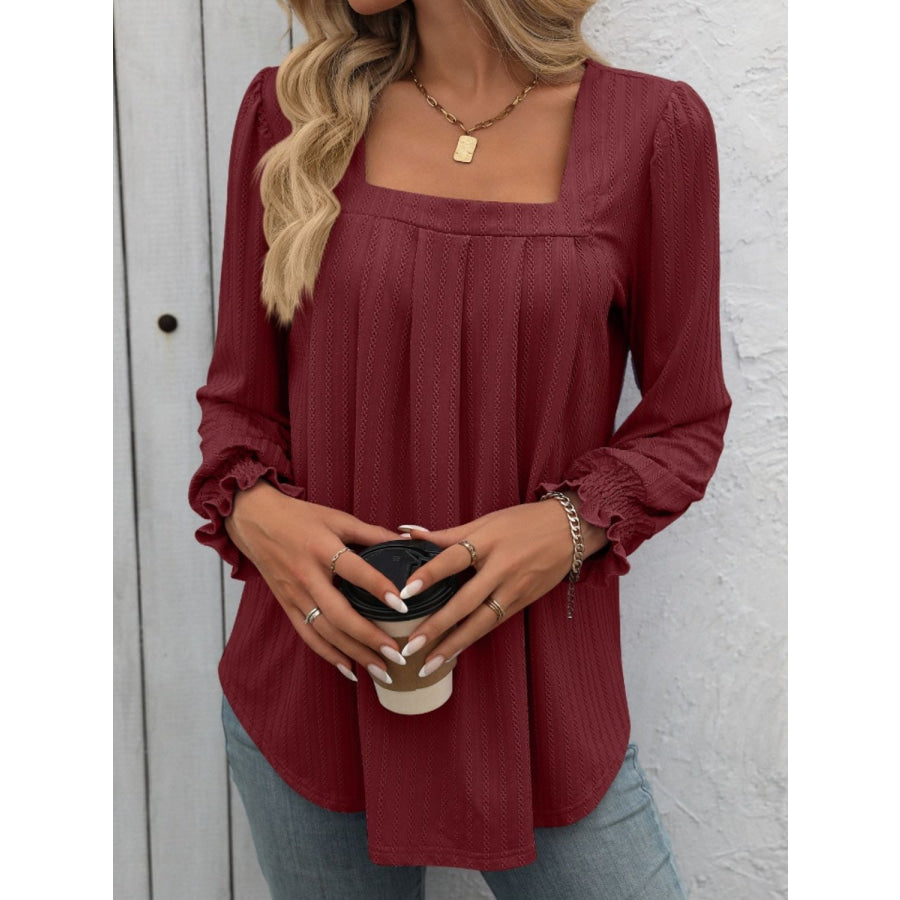 Square Neck Long Sleeve Top Burgundy / S Apparel and Accessories