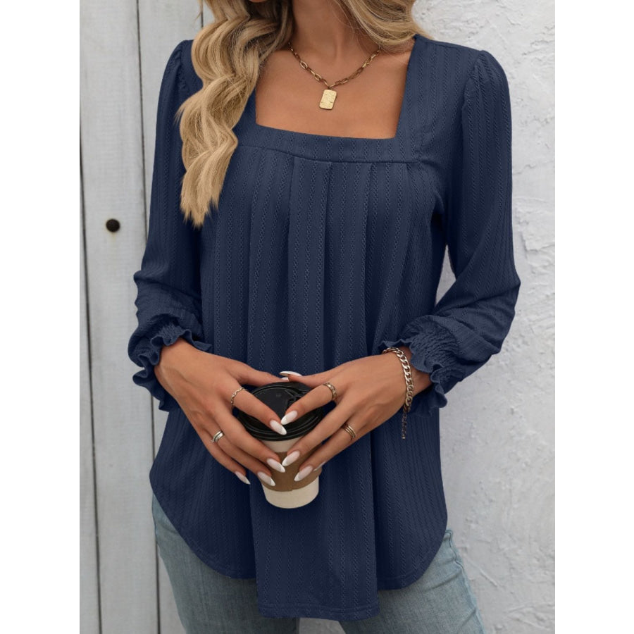 Square Neck Long Sleeve Top Dark Navy / S Apparel and Accessories