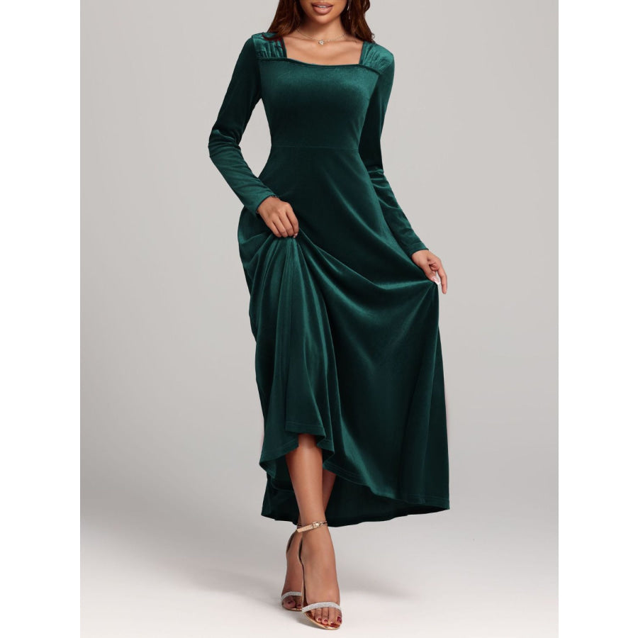 Square Neck Long Sleeve Velvet Dress Dark Green / S Apparel and Accessories