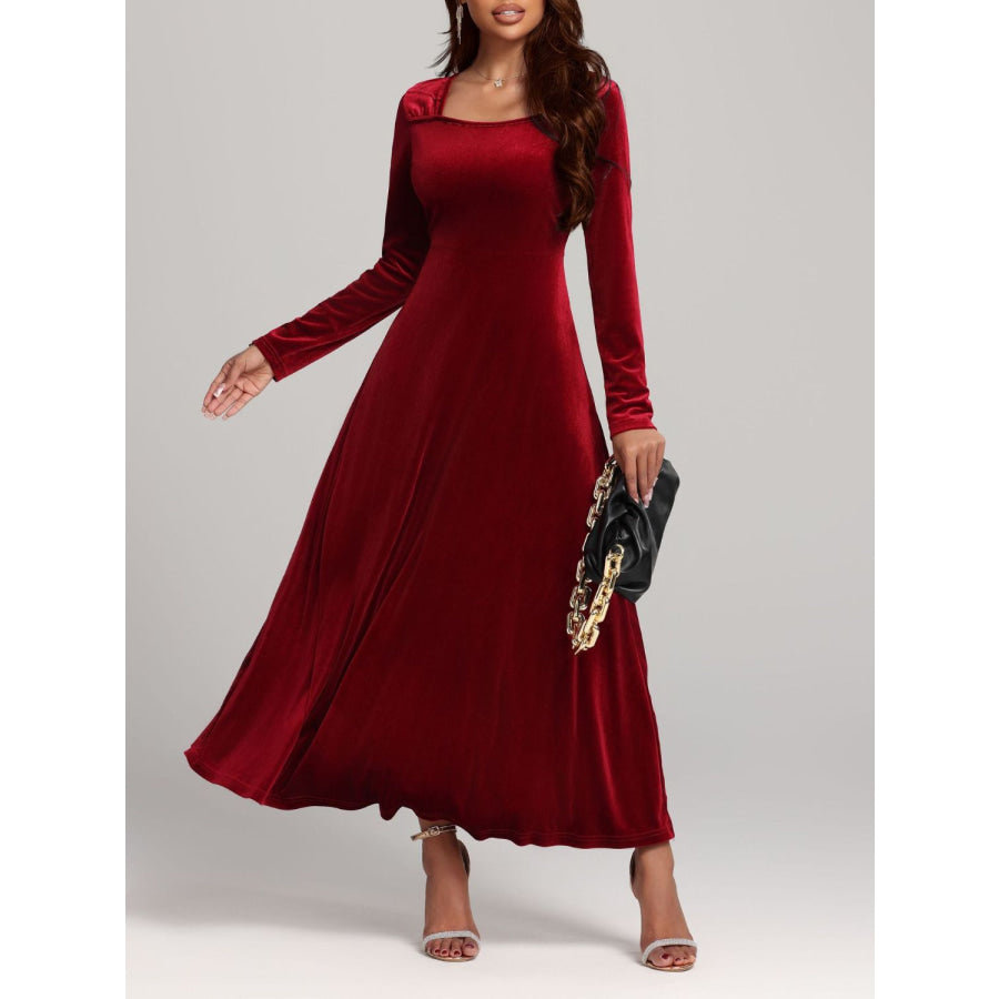 Square Neck Long Sleeve Velvet Dress Deep Red / S Apparel and Accessories