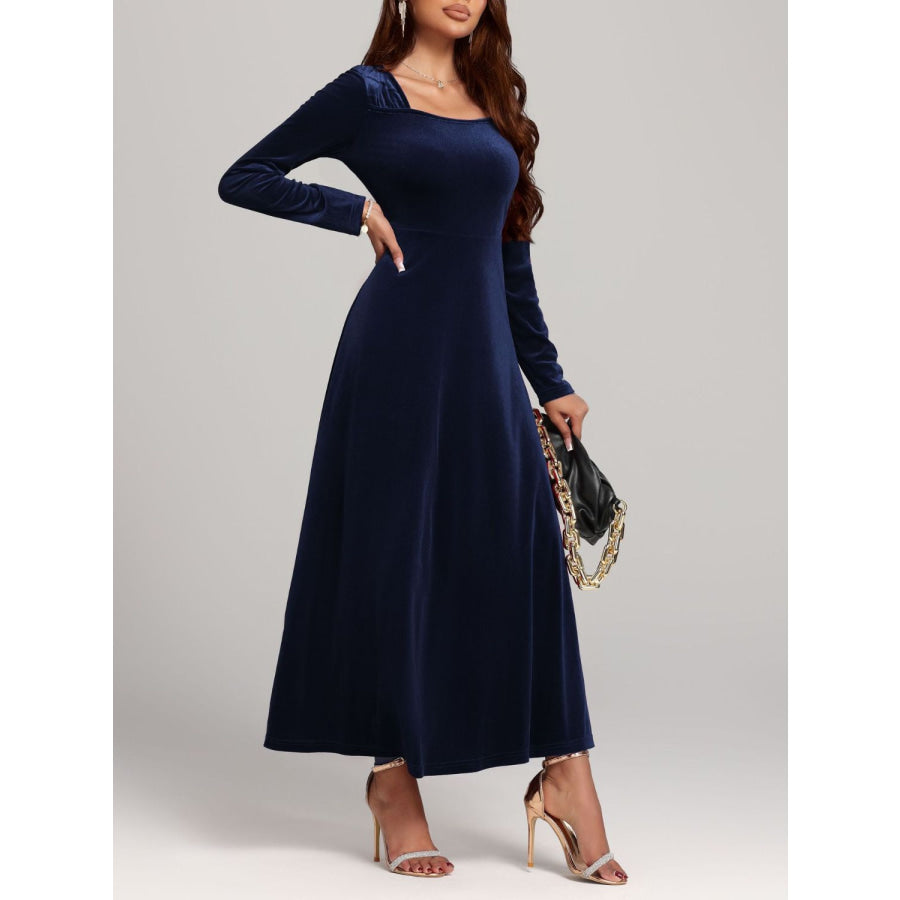 Square Neck Long Sleeve Velvet Dress Navy / S Apparel and Accessories