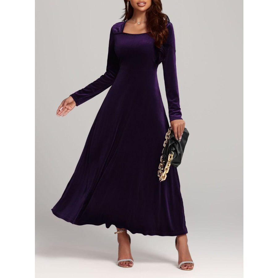 Square Neck Long Sleeve Velvet Dress Violet / S Apparel and Accessories