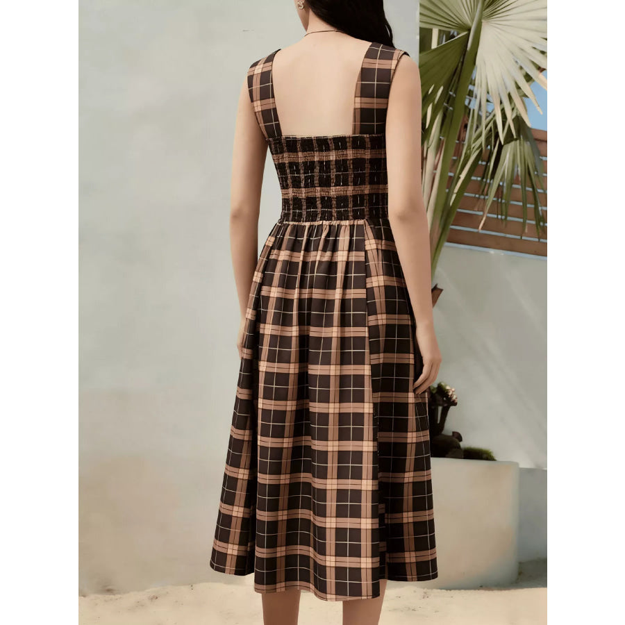 Square Neck Plaid Midi Dress Apparel and Accessories