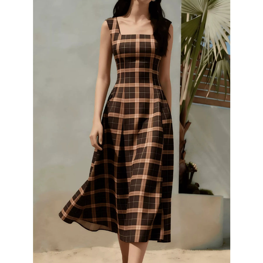 Square Neck Plaid Midi Dress Apparel and Accessories