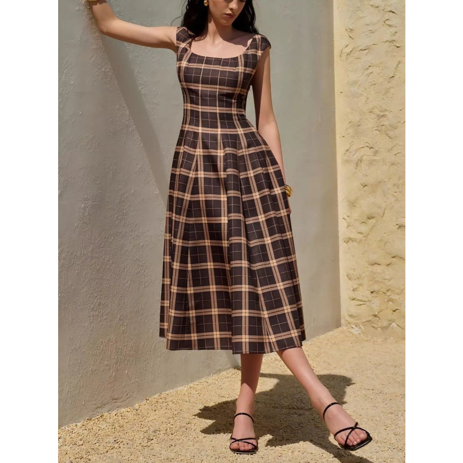 Square Neck Plaid Midi Dress Apparel and Accessories