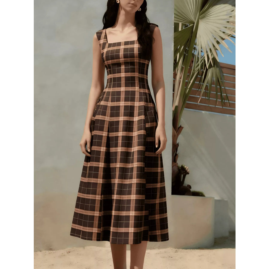 Square Neck Plaid Midi Dress Brown / S Apparel and Accessories