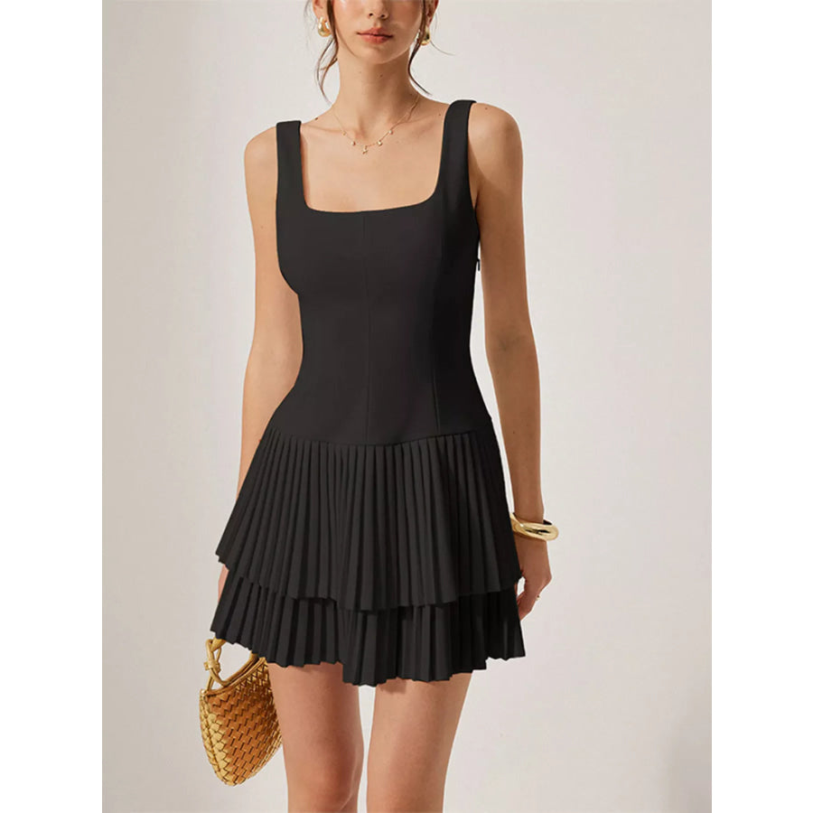 Square Neck Pleated Mini Dress Black / S Apparel and Accessories