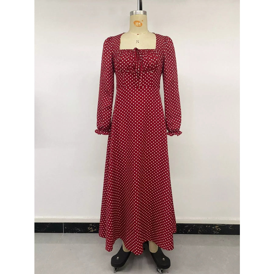 Square Neck Polka Dot Long Sleeve Maxi Dress Apparel and Accessories