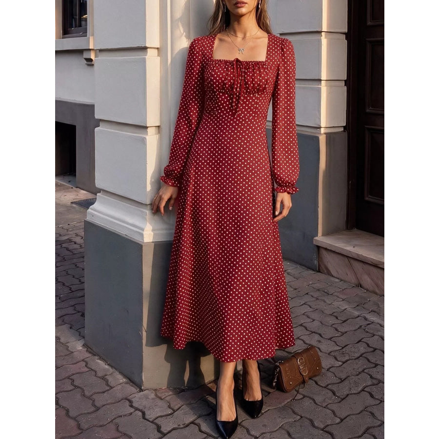 Square Neck Polka Dot Long Sleeve Maxi Dress Apparel and Accessories