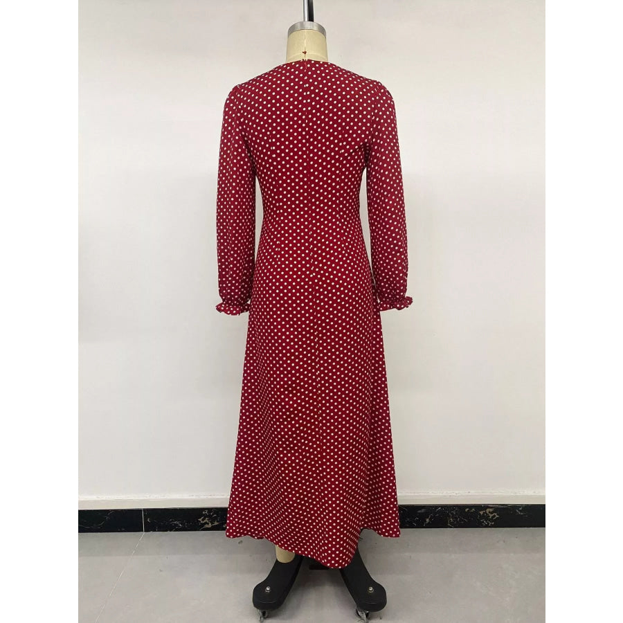 Square Neck Polka Dot Long Sleeve Maxi Dress Apparel and Accessories