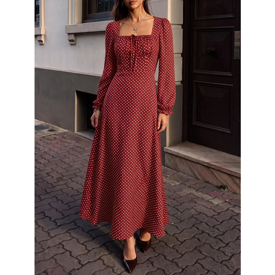 Square Neck Polka Dot Long Sleeve Maxi Dress Apparel and Accessories