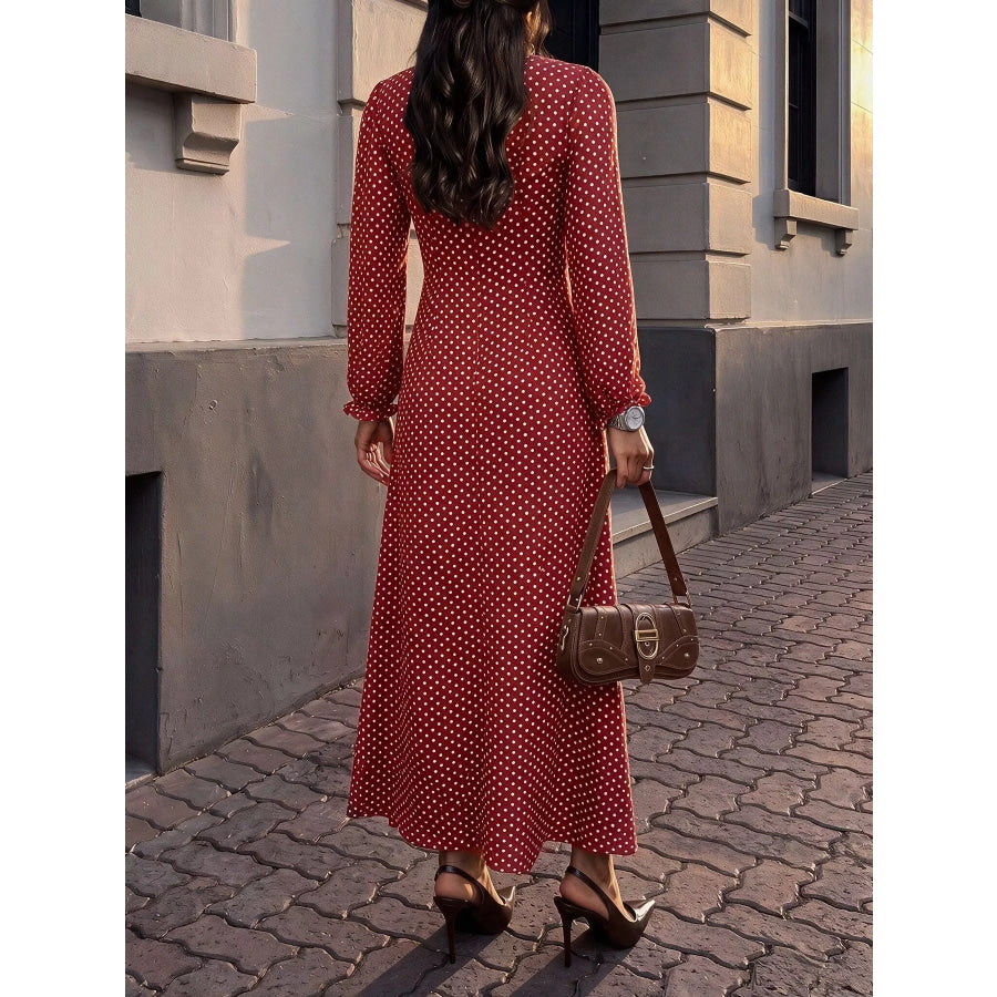 Square Neck Polka Dot Long Sleeve Maxi Dress Apparel and Accessories