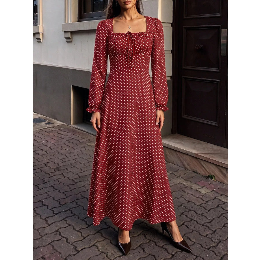 Square Neck Polka Dot Long Sleeve Maxi Dress Apparel and Accessories