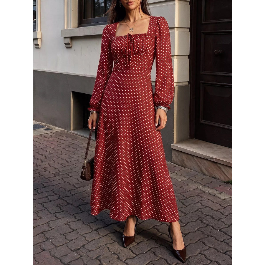 Square Neck Polka Dot Long Sleeve Maxi Dress Apparel and Accessories
