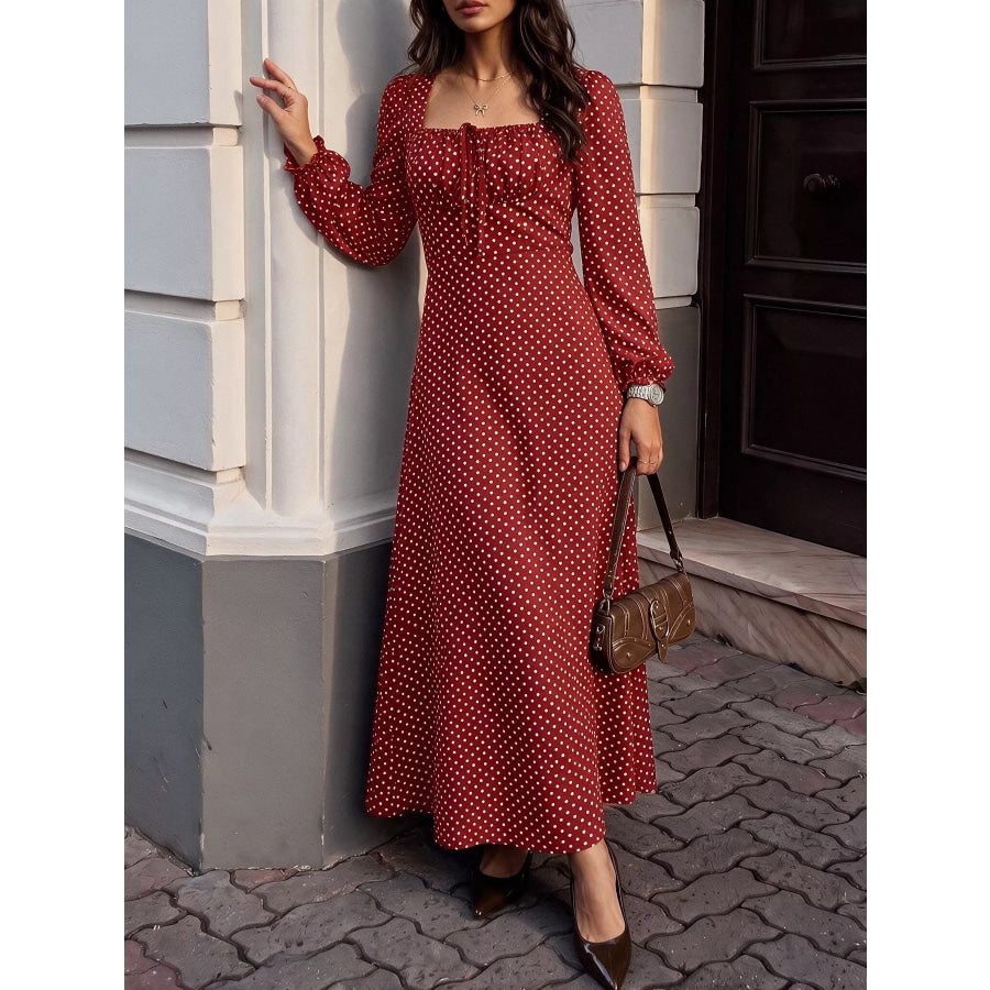 Square Neck Polka Dot Long Sleeve Maxi Dress Apparel and Accessories