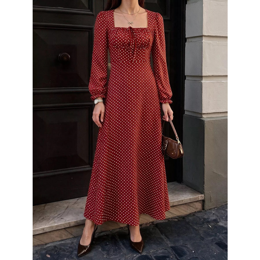 Square Neck Polka Dot Long Sleeve Maxi Dress Red / S Apparel and Accessories