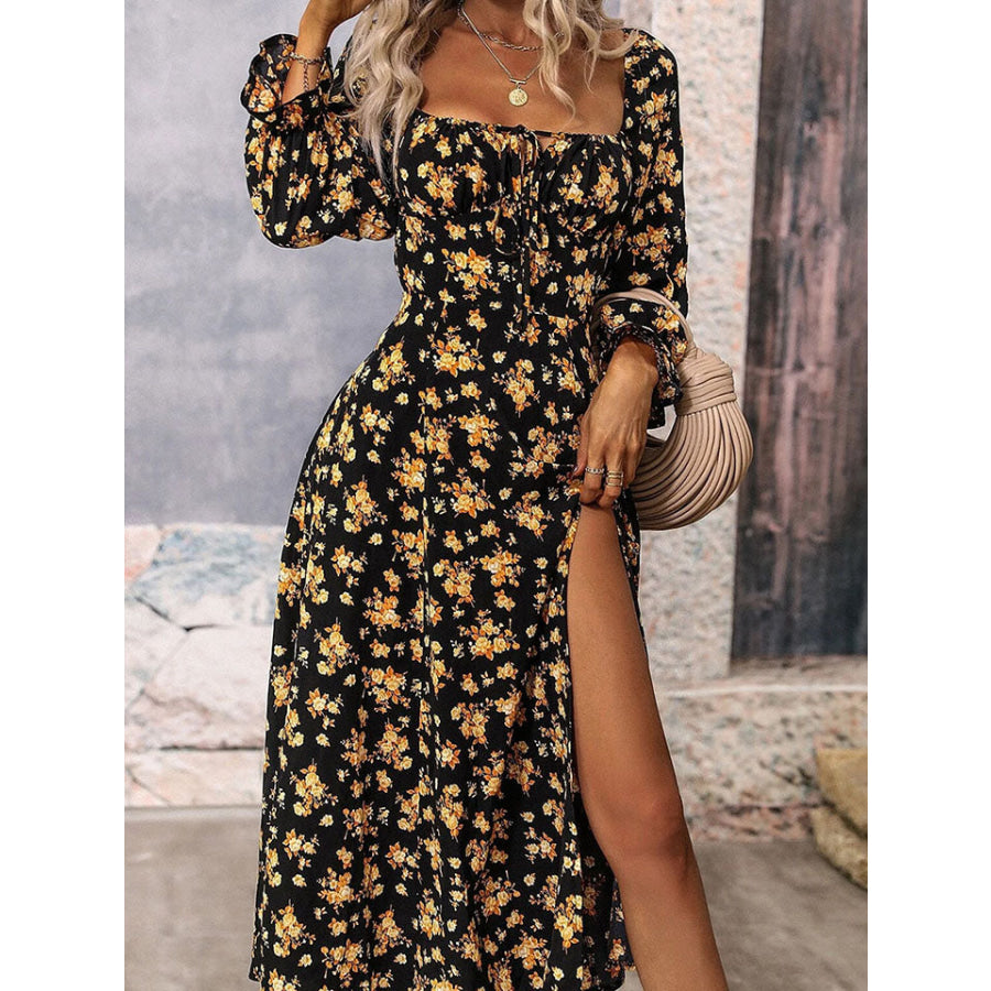 Square Neck Printed Slit Dress Black / S