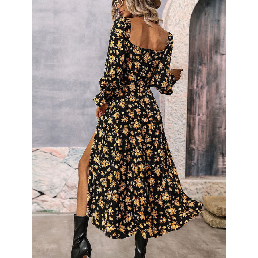 Square Neck Printed Slit Dress Black / S