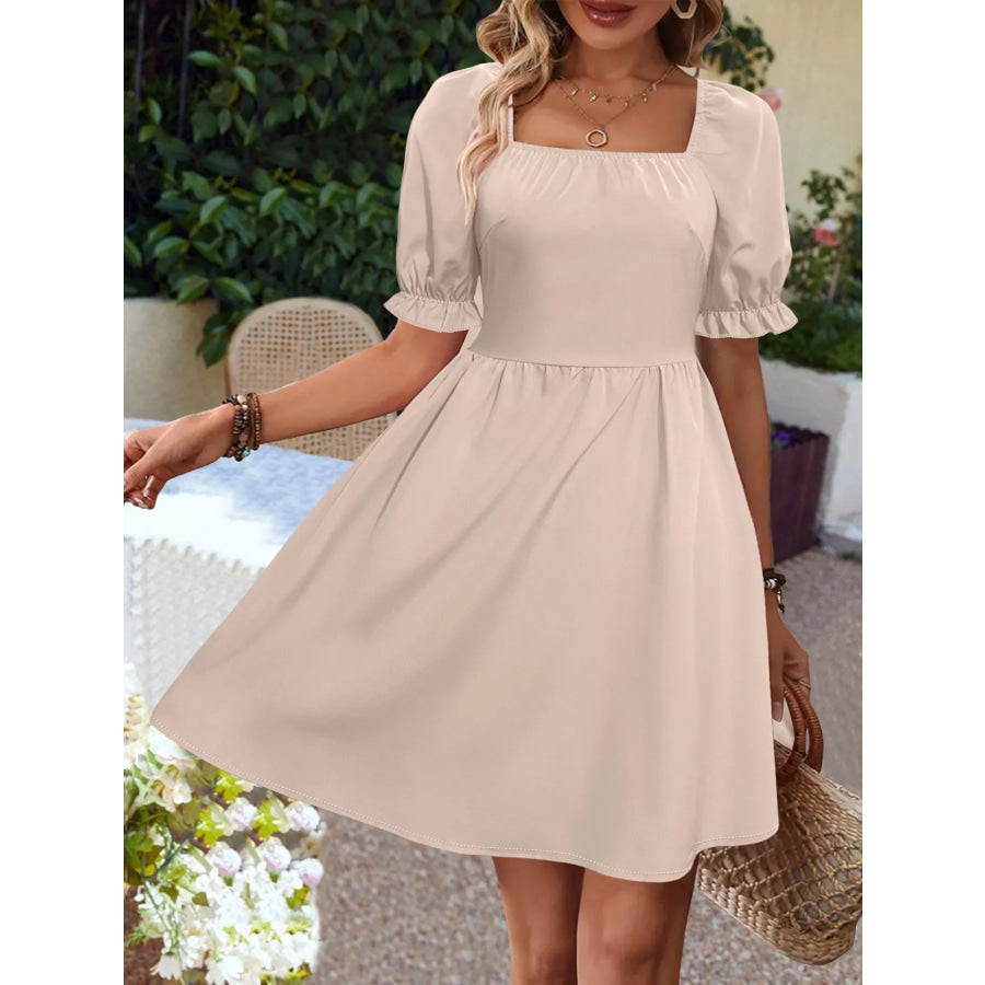 Square Neck Puff Sleeve A-Line Mini Dress Apparel and Accessories