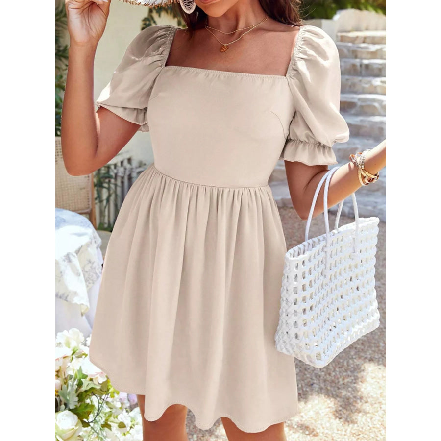 Square Neck Puff Sleeve A-Line Mini Dress Apparel and Accessories