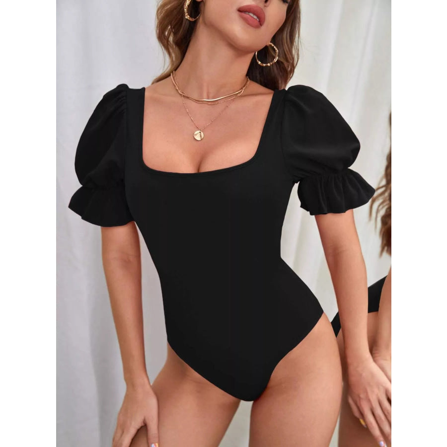 Square Neck Puff Sleeve Bodysuit Black / S Apparel and Accessories