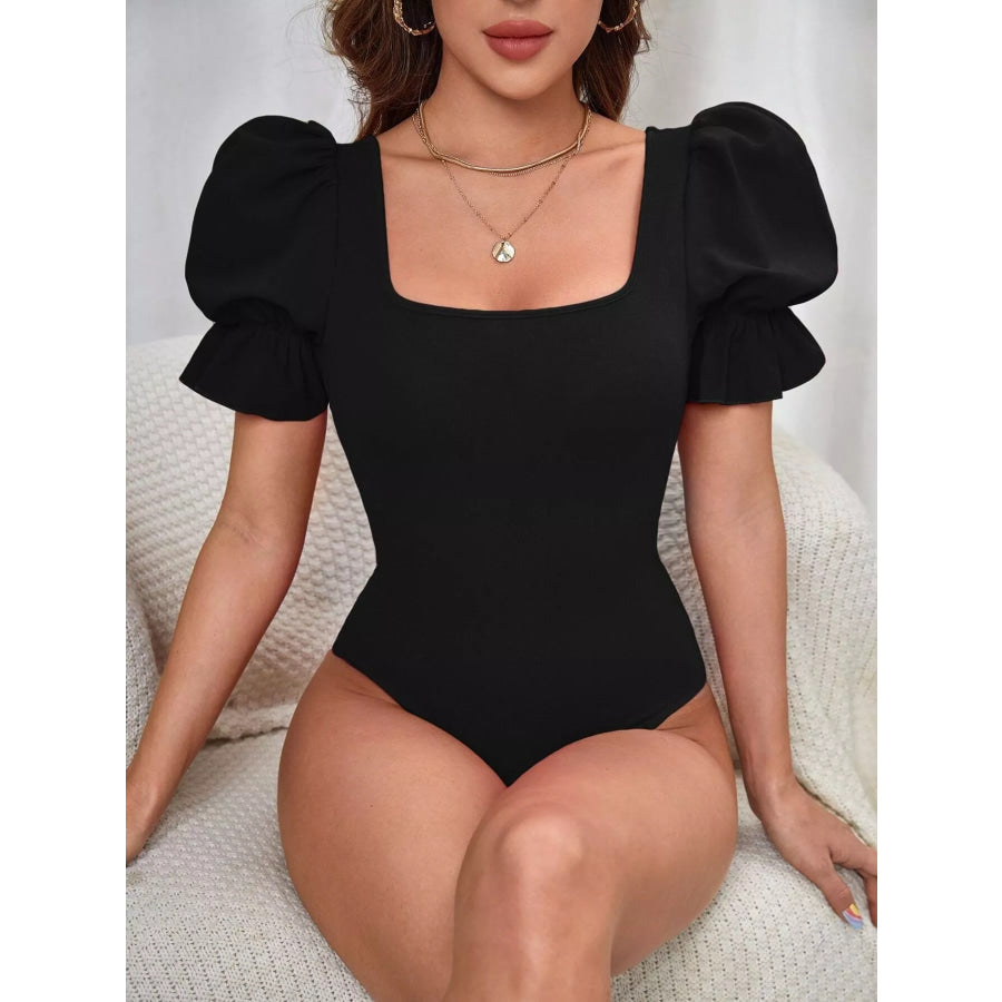 Square Neck Puff Sleeve Bodysuit Black / S Apparel and Accessories